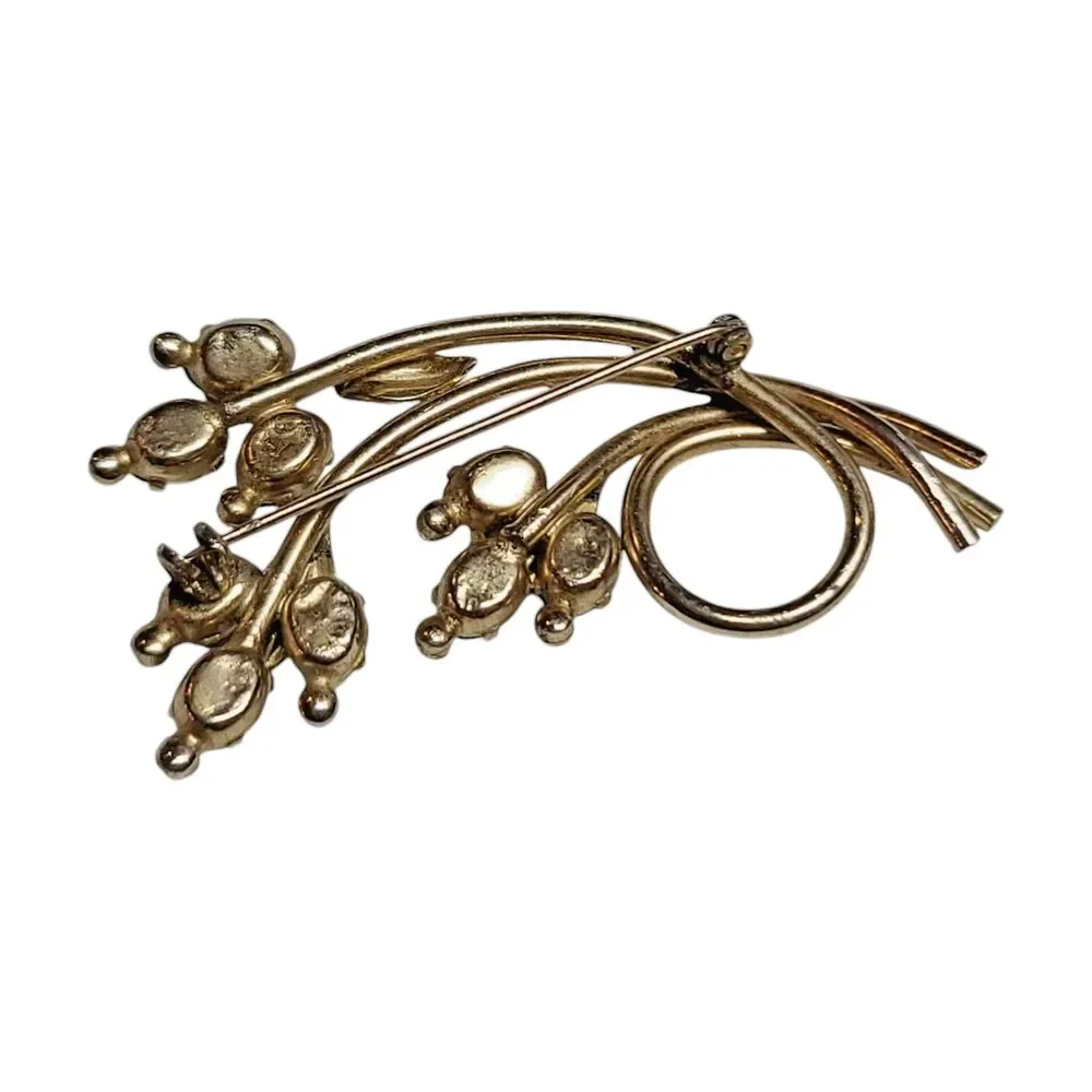 Green Marquise Rhinestone Floral Spray Brooch Pin Gold Tone Prong Vintage